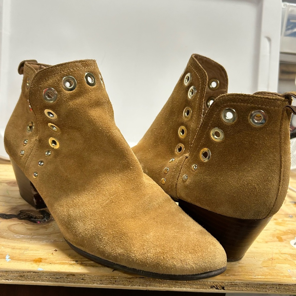 Tan Suede Sam Edelman boots with gold rivets
